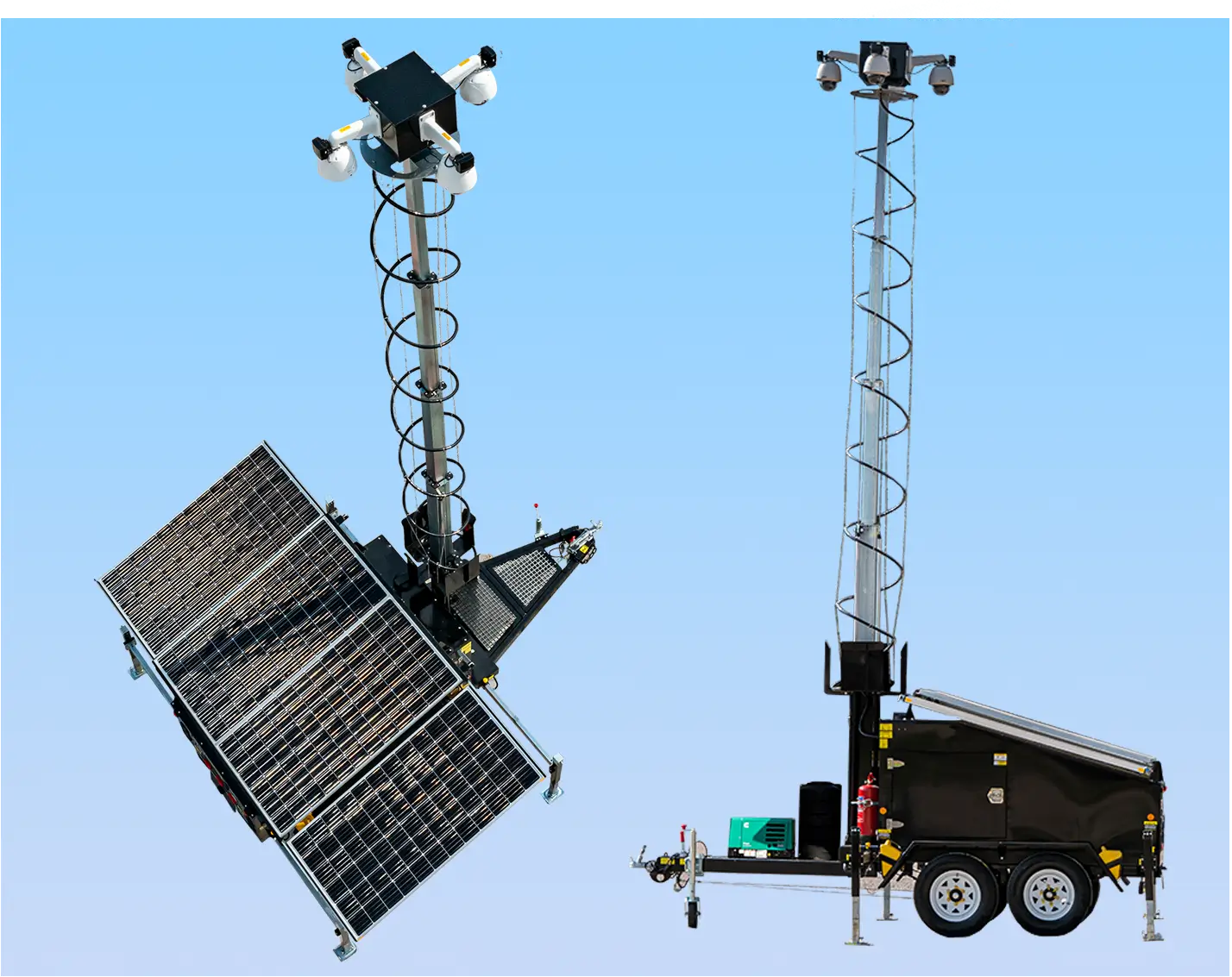 An overhead and side view of a deployed solar-powered mobile security trailer