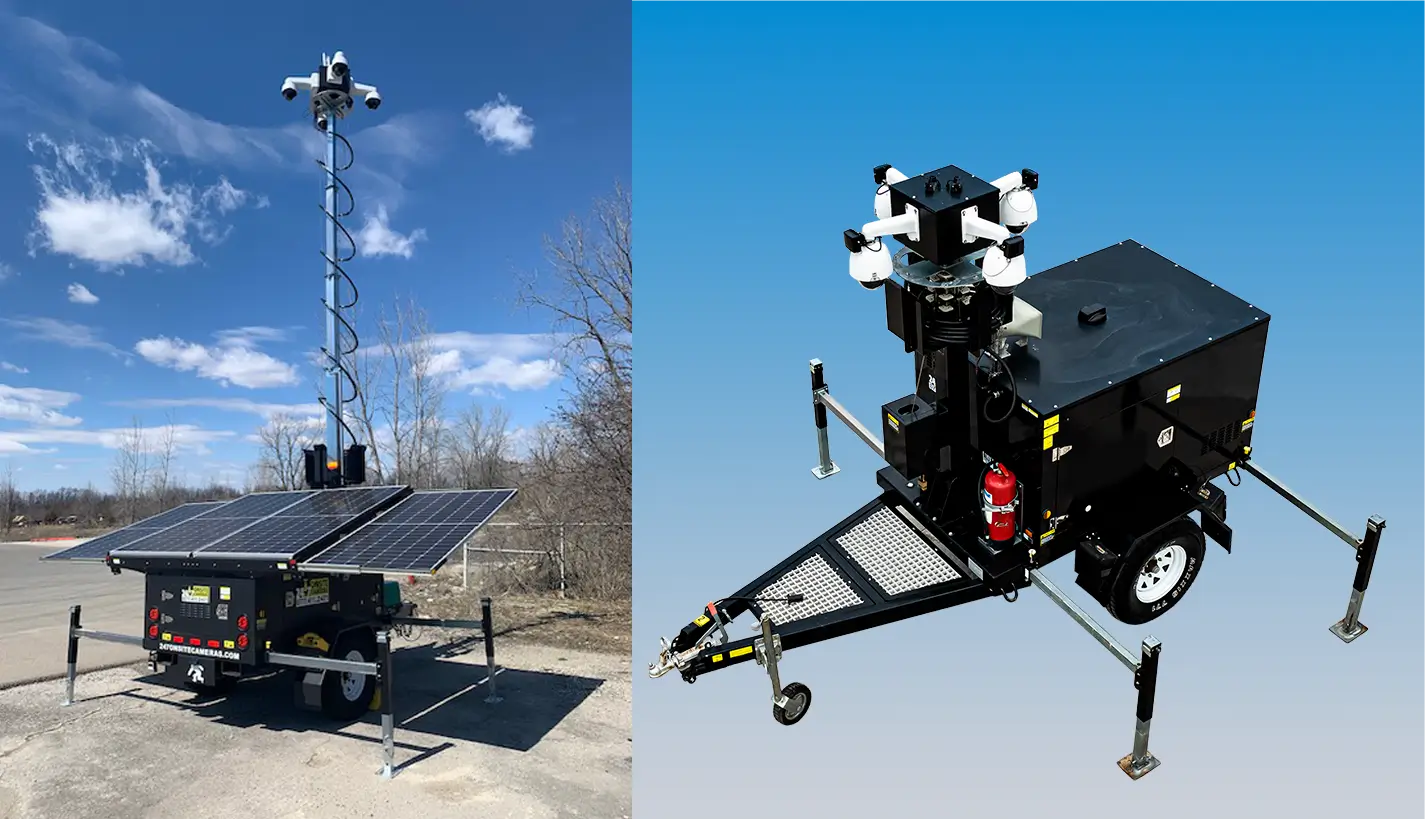 A split photo of a deployed mobile security trailer in use outdoors and a compact unit
