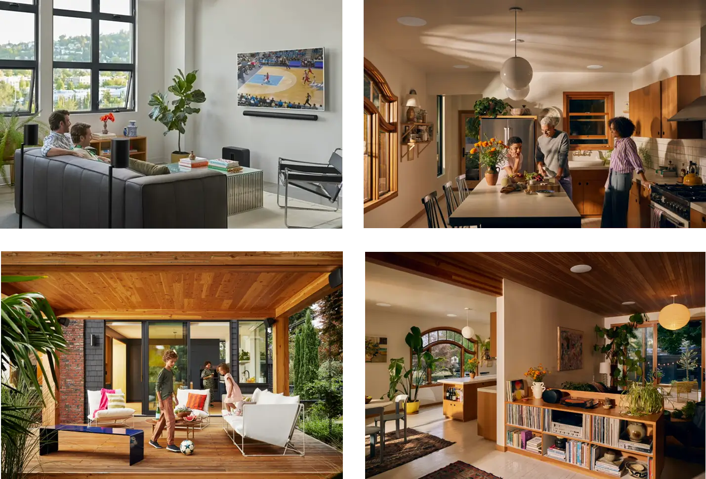 A block of 4 home photos with various intelligent home technology installed in different rooms