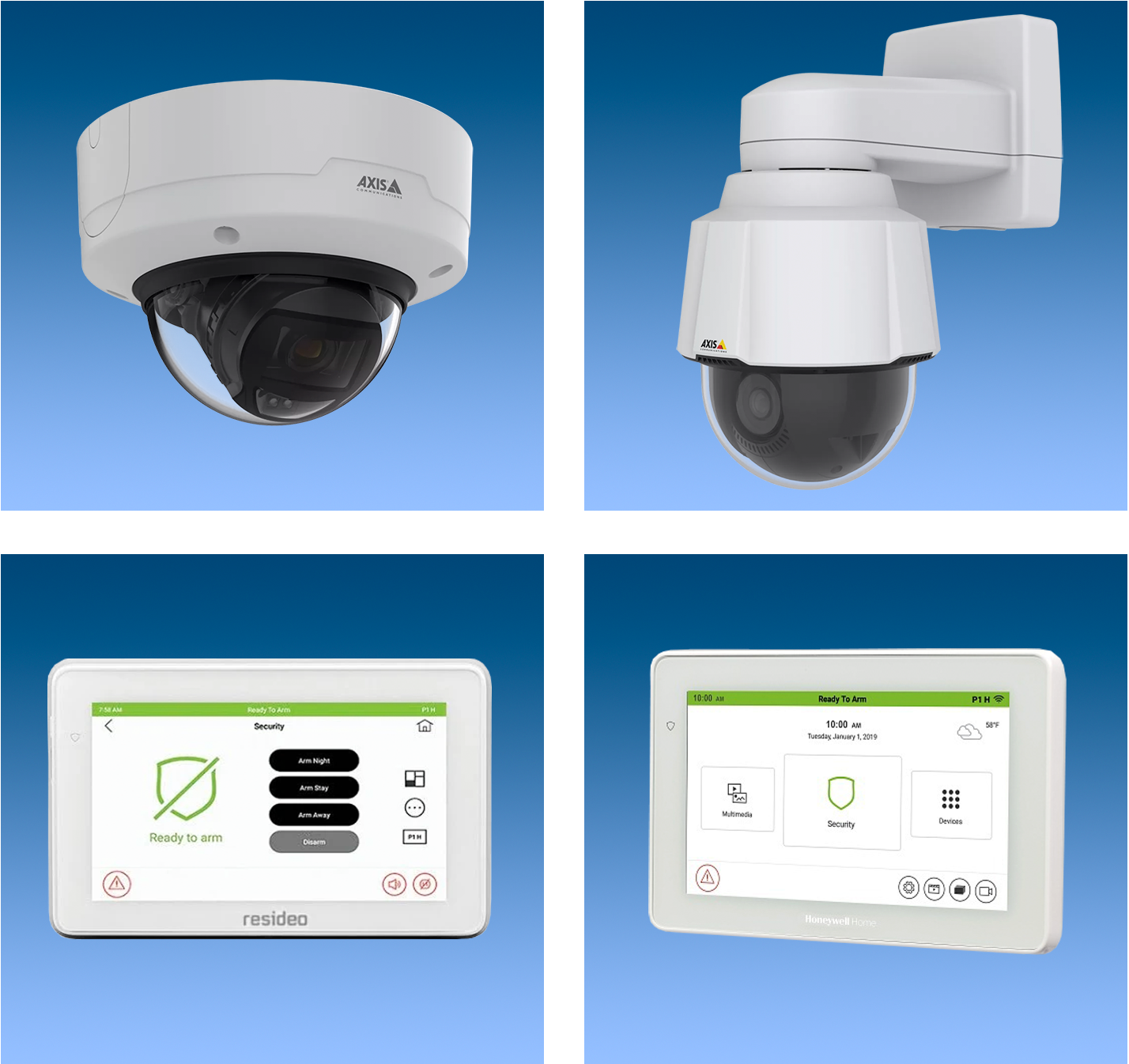 A collage of cameras and digital keypads for residential security system