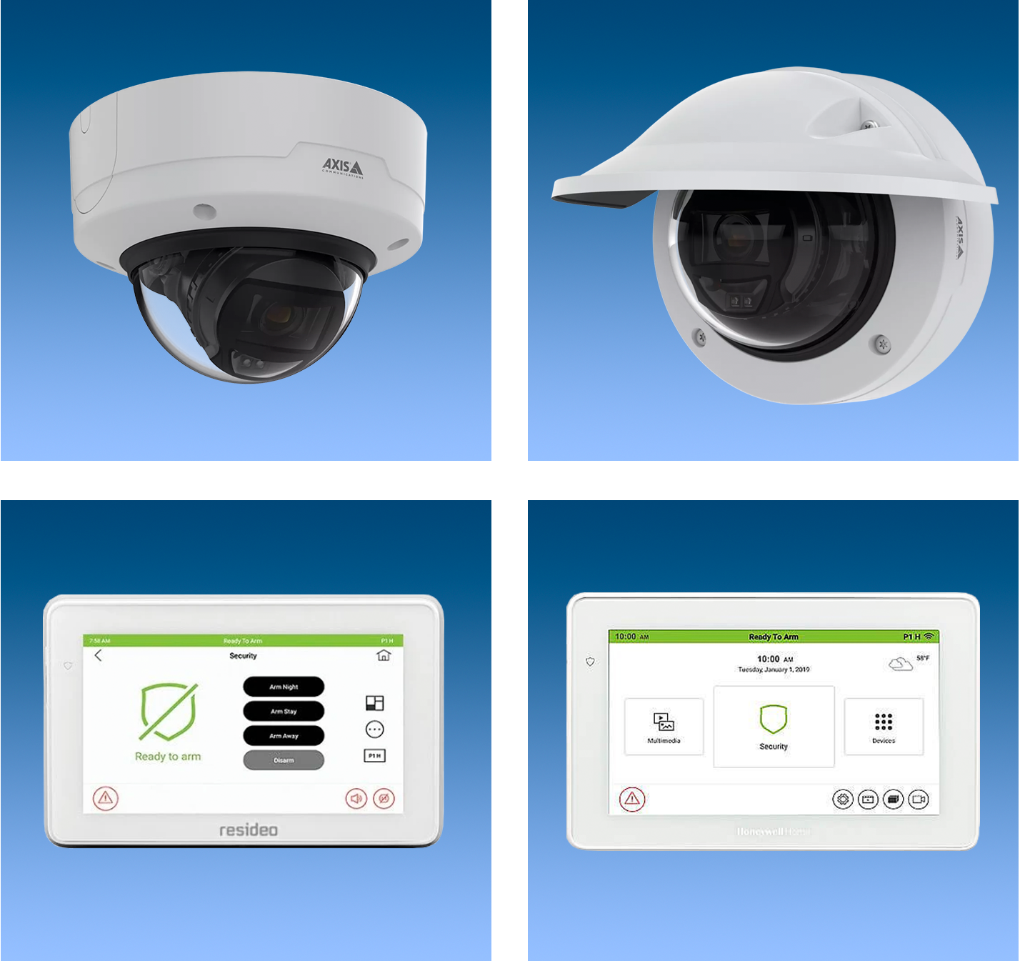 a collage of cameras and digital keypads for residential security system
